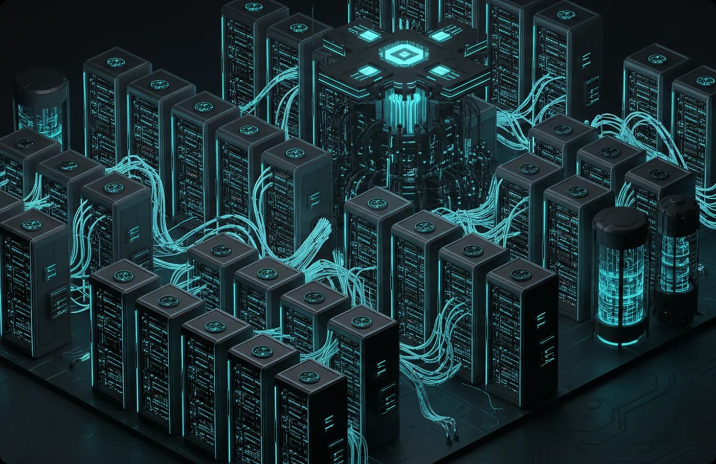 Render isométrico de un data center con servidores y cableado en operación